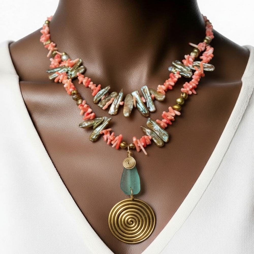 Coral & Roman Glass Pearl Necklace FREE SHIPPING
